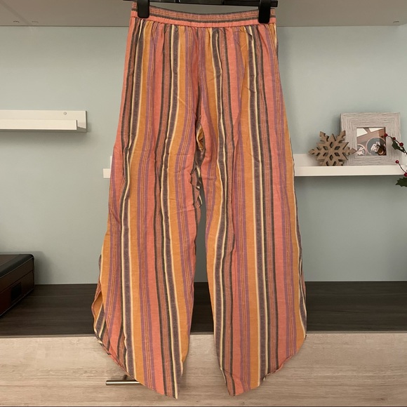 DREW (Anthropologie) Whitney Coral Striped Wide Leg Side Slit Linen Blend Pants - Picture 3 of 15
